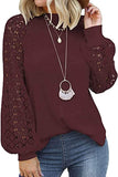 Women's Long Sleeve Tops Lace Hollow Out Waffle Casual Loose Blouse - Easy Pickins Store