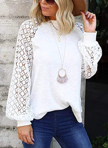 Women's Long Sleeve Tops Lace Hollow Out Waffle Casual Loose Blouse - Easy Pickins Store