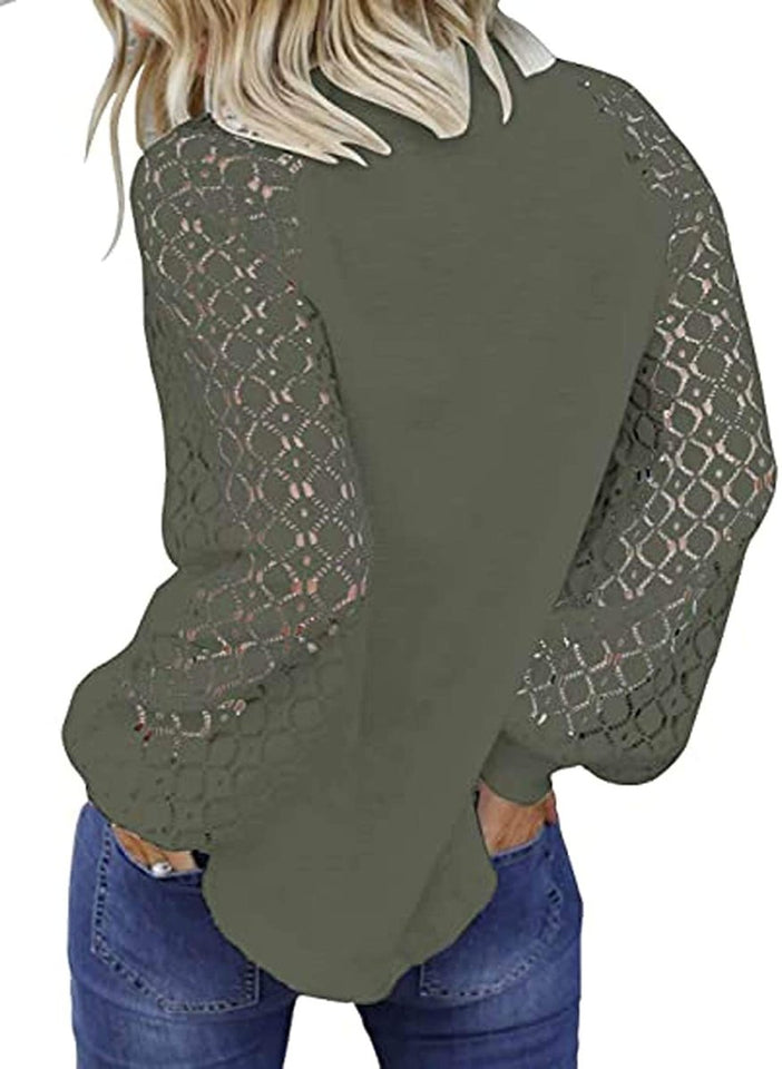 Women's Long Sleeve Tops Lace Hollow Out Waffle Casual Loose Blouse - Easy Pickins Store