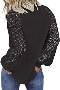 Women's Long Sleeve Tops Lace Hollow Out Waffle Casual Loose Blouse - Easy Pickins Store