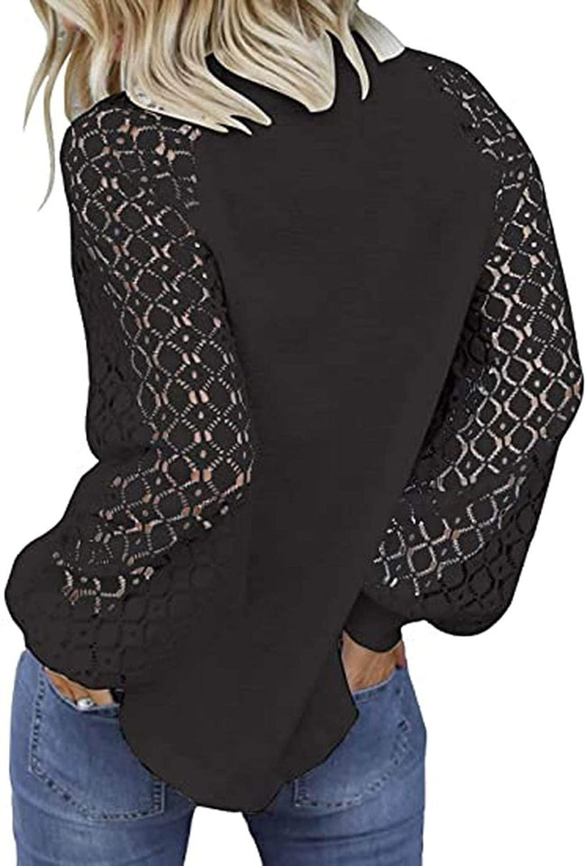 Women's Long Sleeve Tops Lace Hollow Out Waffle Casual Loose Blouse - Easy Pickins Store