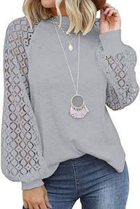 Women's Long Sleeve Tops Lace Hollow Out Waffle Casual Loose Blouse - Easy Pickins Store