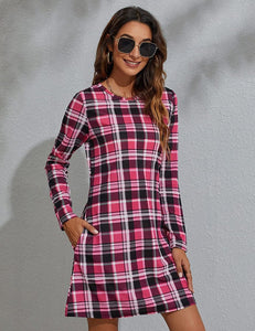 Women's Plaid Swing Long Sleeve Round Neck Tunic Mini Dress - Easy Pickins Store