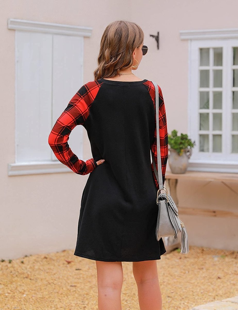 Women's Plaid Swing Long Sleeve Round Neck Tunic Mini Dress - Easy Pickins Store