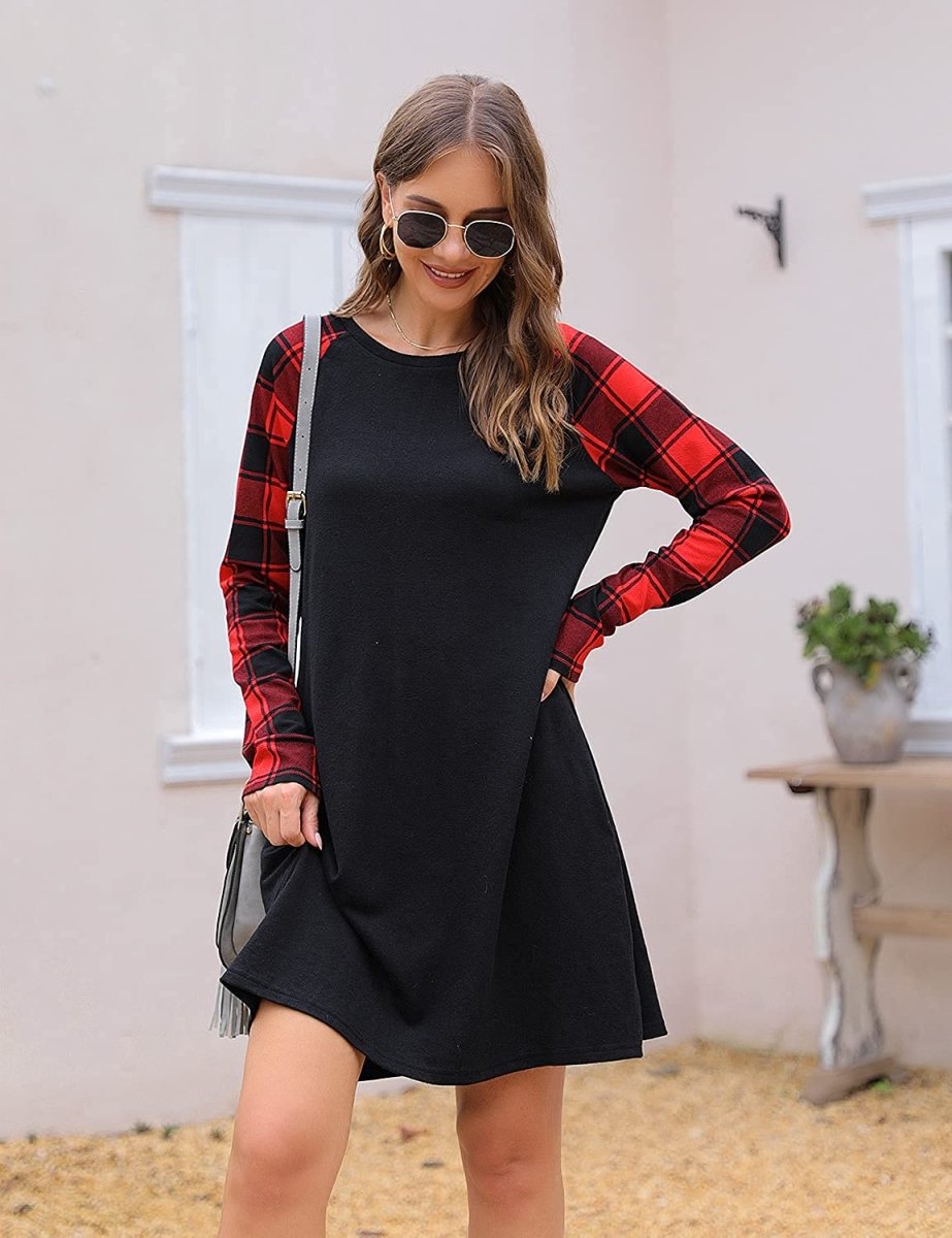 Women's Plaid Swing Long Sleeve Round Neck Tunic Mini Dress - Easy Pickins Store