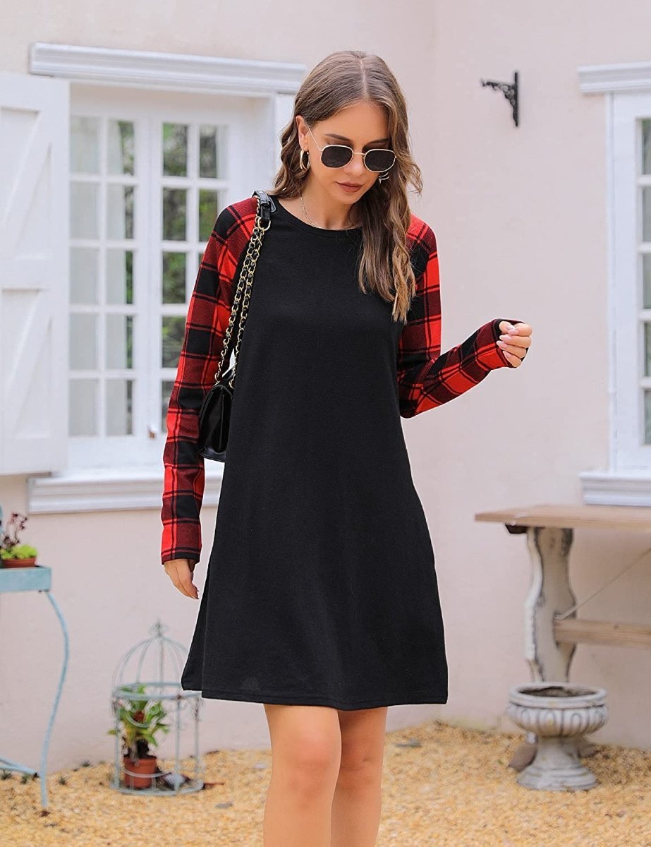 Women's Plaid Swing Long Sleeve Round Neck Tunic Mini Dress - Easy Pickins Store