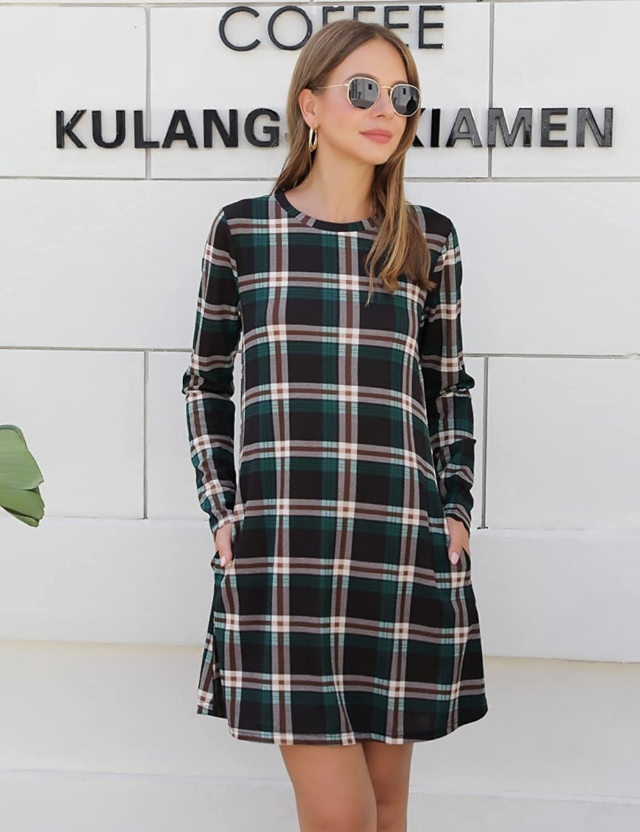 Women's Plaid Swing Long Sleeve Round Neck Tunic Mini Dress - Easy Pickins Store