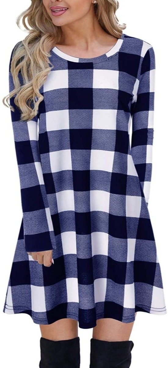 Women's Plaid Swing Long Sleeve Round Neck Tunic Mini Dress - Easy Pickins Store