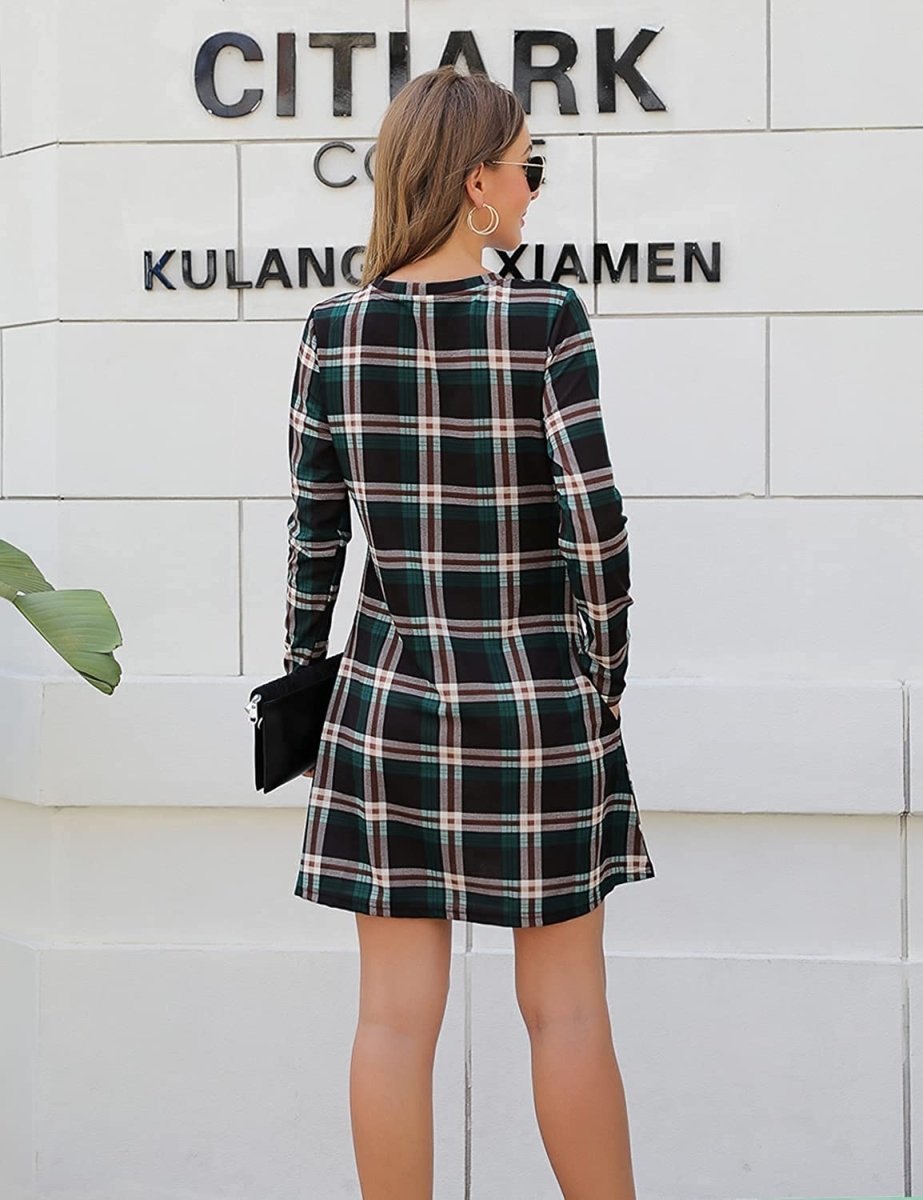 Women's Plaid Swing Long Sleeve Round Neck Tunic Mini Dress - Easy Pickins Store