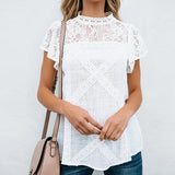 Women's Round Neck Floral Lace Hollow Out Short Sleeve Pullover T Shirt - Easy Pickins Store