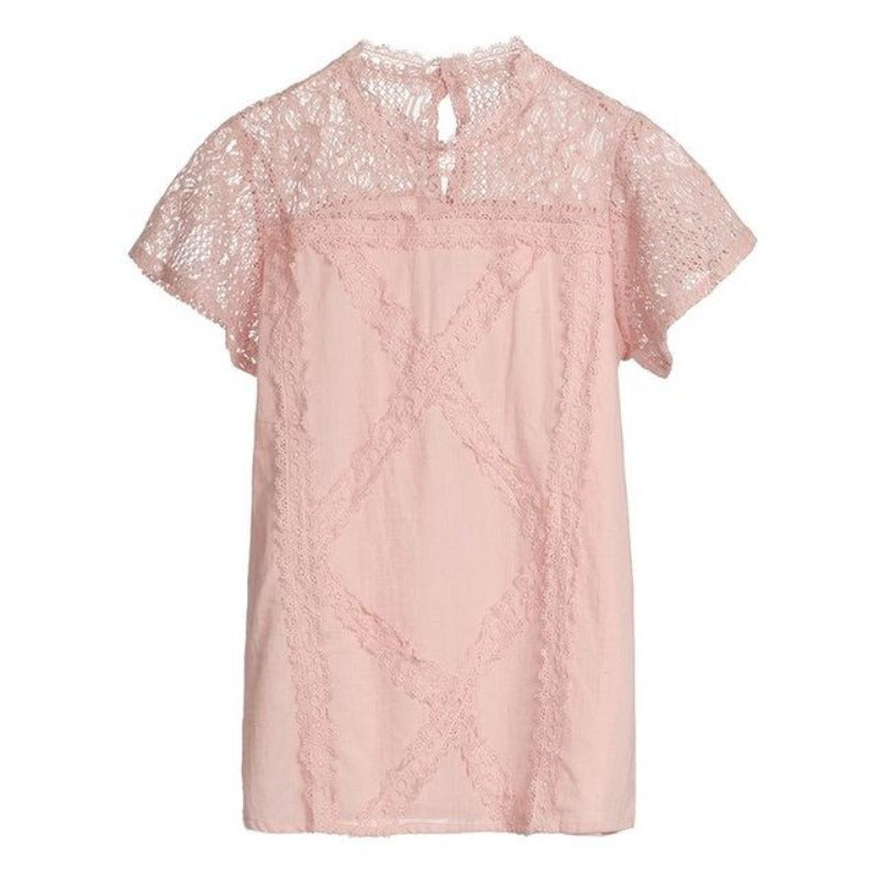 Women's Round Neck Floral Lace Hollow Out Short Sleeve Pullover T Shirt - Easy Pickins Store
