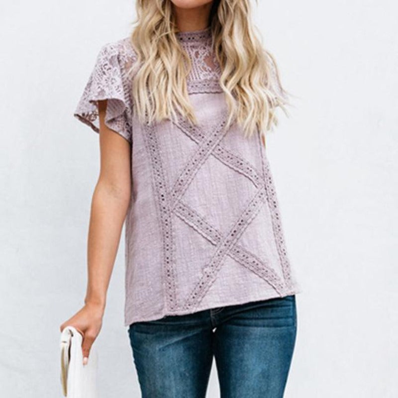 Women's Round Neck Floral Lace Hollow Out Short Sleeve Pullover T Shirt - Easy Pickins Store