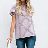 Women's Round Neck Floral Lace Hollow Out Short Sleeve Pullover T Shirt - Easy Pickins Store