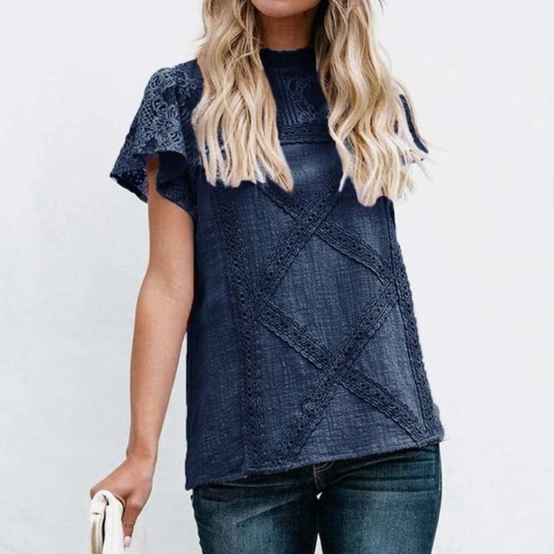 Women's Round Neck Floral Lace Hollow Out Short Sleeve Pullover T Shirt - Easy Pickins Store