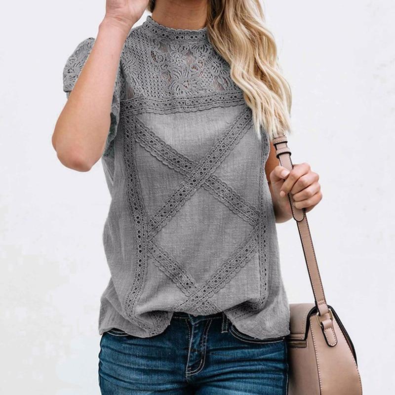 Women's Round Neck Floral Lace Hollow Out Short Sleeve Pullover T Shirt - Easy Pickins Store