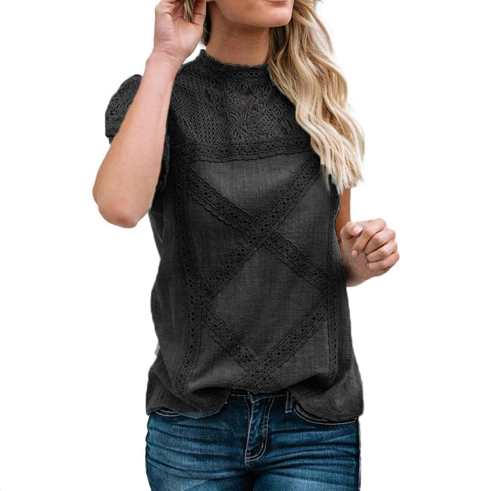 Women's Round Neck Floral Lace Hollow Out Short Sleeve Pullover T Shirt - Easy Pickins Store