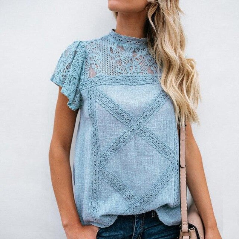 Women's Round Neck Floral Lace Hollow Out Short Sleeve Pullover T Shirt - Easy Pickins Store