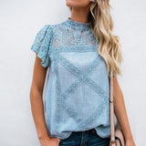 Women's Round Neck Floral Lace Hollow Out Short Sleeve Pullover T Shirt - Easy Pickins Store