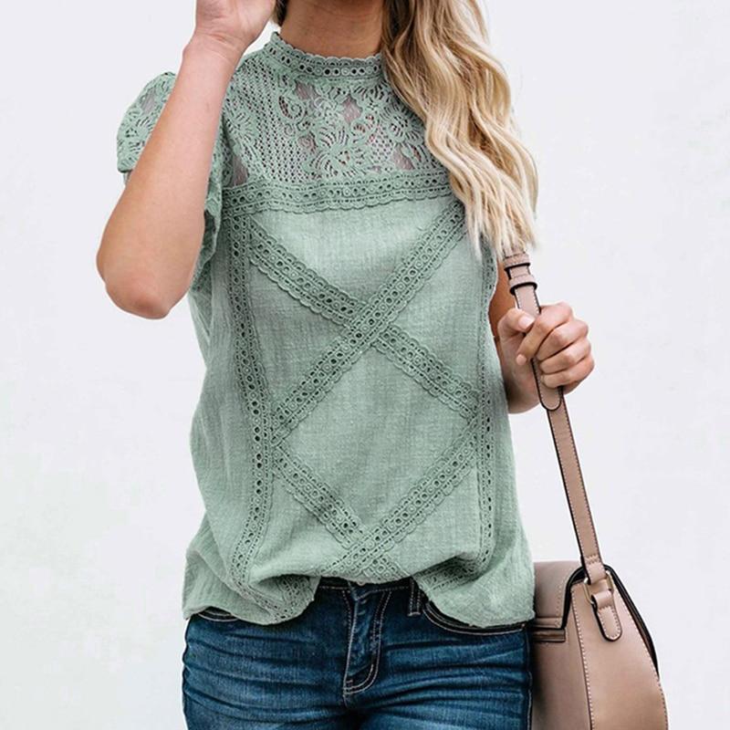 Women's Round Neck Floral Lace Hollow Out Short Sleeve Pullover T Shirt - Easy Pickins Store