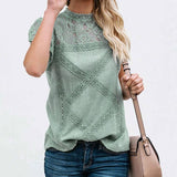 Women's Round Neck Floral Lace Hollow Out Short Sleeve Pullover T Shirt - Easy Pickins Store