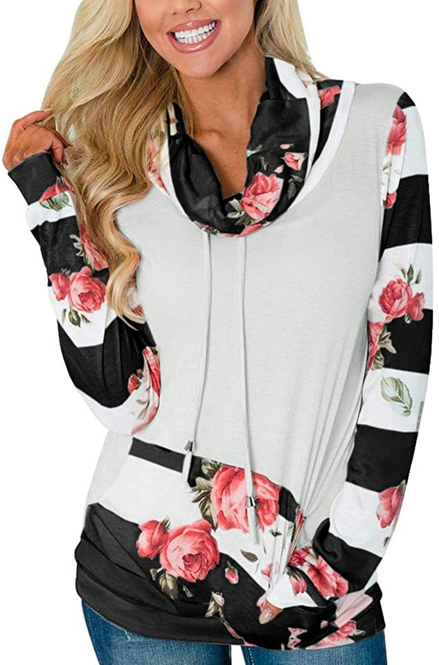 Women's Striped Floral Cowl Neck Sweatshirt with Pockets - Easy Pickins Store