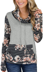 Women's Striped Floral Cowl Neck Sweatshirt with Pockets - Easy Pickins Store