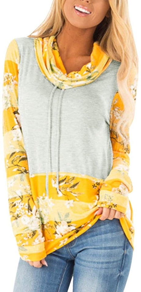 Women's Striped Floral Cowl Neck Sweatshirt with Pockets - Easy Pickins Store