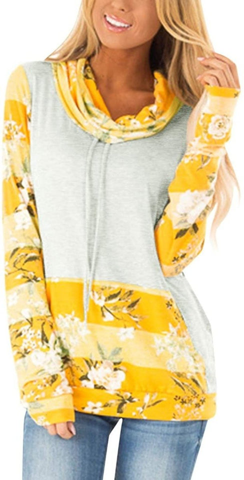 Women's Striped Floral Cowl Neck Sweatshirt with Pockets - Easy Pickins Store