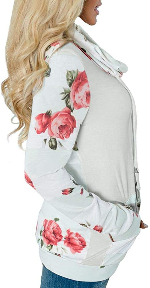 Women's Striped Floral Cowl Neck Sweatshirt with Pockets - Easy Pickins Store