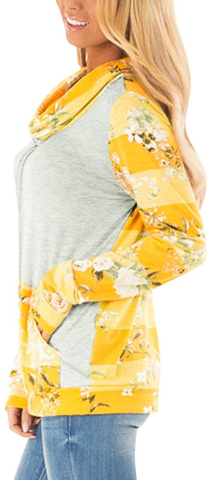 Women's Striped Floral Cowl Neck Sweatshirt with Pockets - Easy Pickins Store