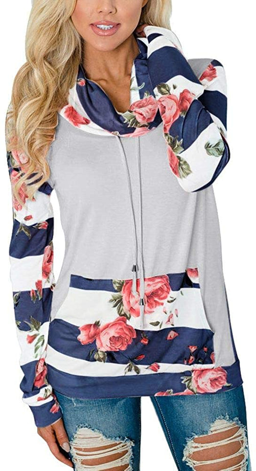 Women's Striped Floral Cowl Neck Sweatshirt with Pockets - Easy Pickins Store