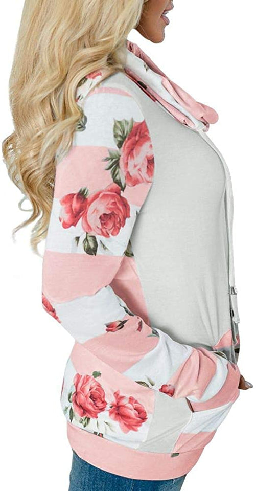 Women's Striped Floral Cowl Neck Sweatshirt with Pockets - Easy Pickins Store