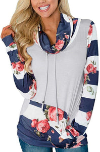 Women's Striped Floral Cowl Neck Sweatshirt with Pockets - Easy Pickins Store