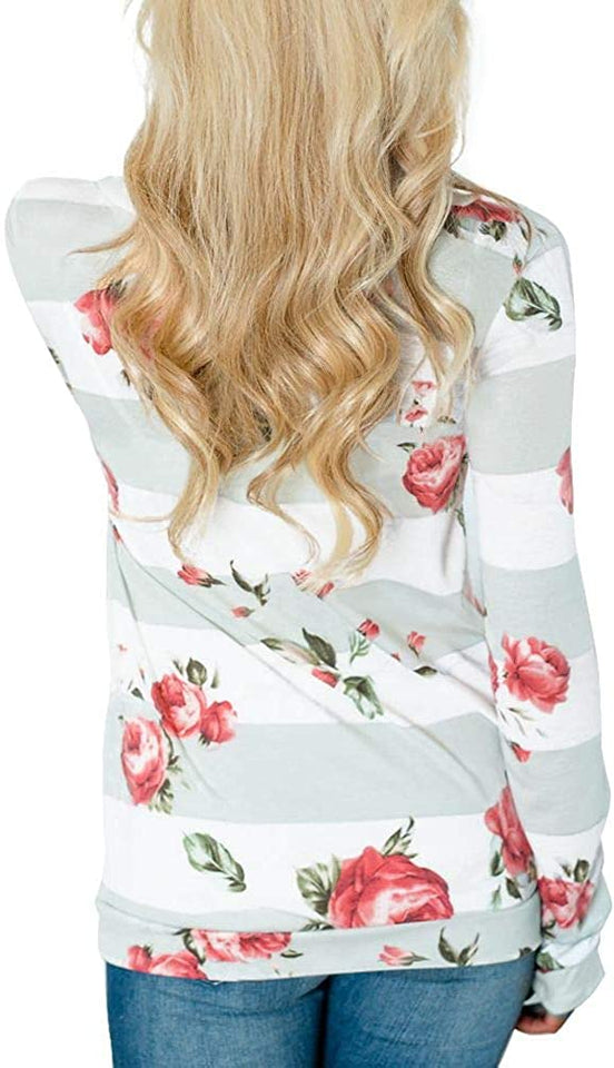 Women's Striped Floral Cowl Neck Sweatshirt with Pockets - Easy Pickins Store