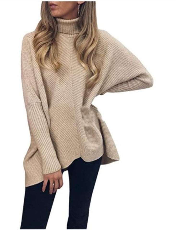 Women's Turtleneck Oversized Knitted Jumper Long Batwing Sleeve Loose Pullover Asymmetric Hem - Easy Pickins Store