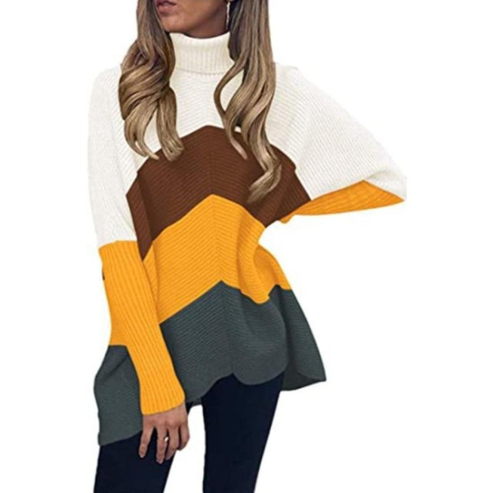 Women's Turtleneck Oversized Knitted Jumper Long Batwing Sleeve Loose Pullover Asymmetric Hem - Easy Pickins Store
