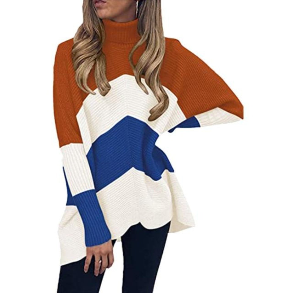Women's Turtleneck Oversized Knitted Jumper Long Batwing Sleeve Loose Pullover Asymmetric Hem - Easy Pickins Store