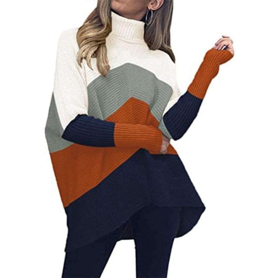 Women's Turtleneck Oversized Knitted Jumper Long Batwing Sleeve Loose Pullover Asymmetric Hem - Easy Pickins Store