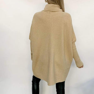Women's Turtleneck Oversized Knitted Jumper Long Batwing Sleeve Loose Pullover Asymmetric Hem - Easy Pickins Store