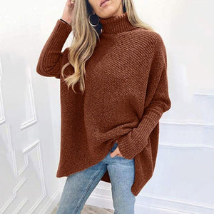 Women's Turtleneck Oversized Knitted Jumper Long Batwing Sleeve Loose Pullover Asymmetric Hem - Easy Pickins Store