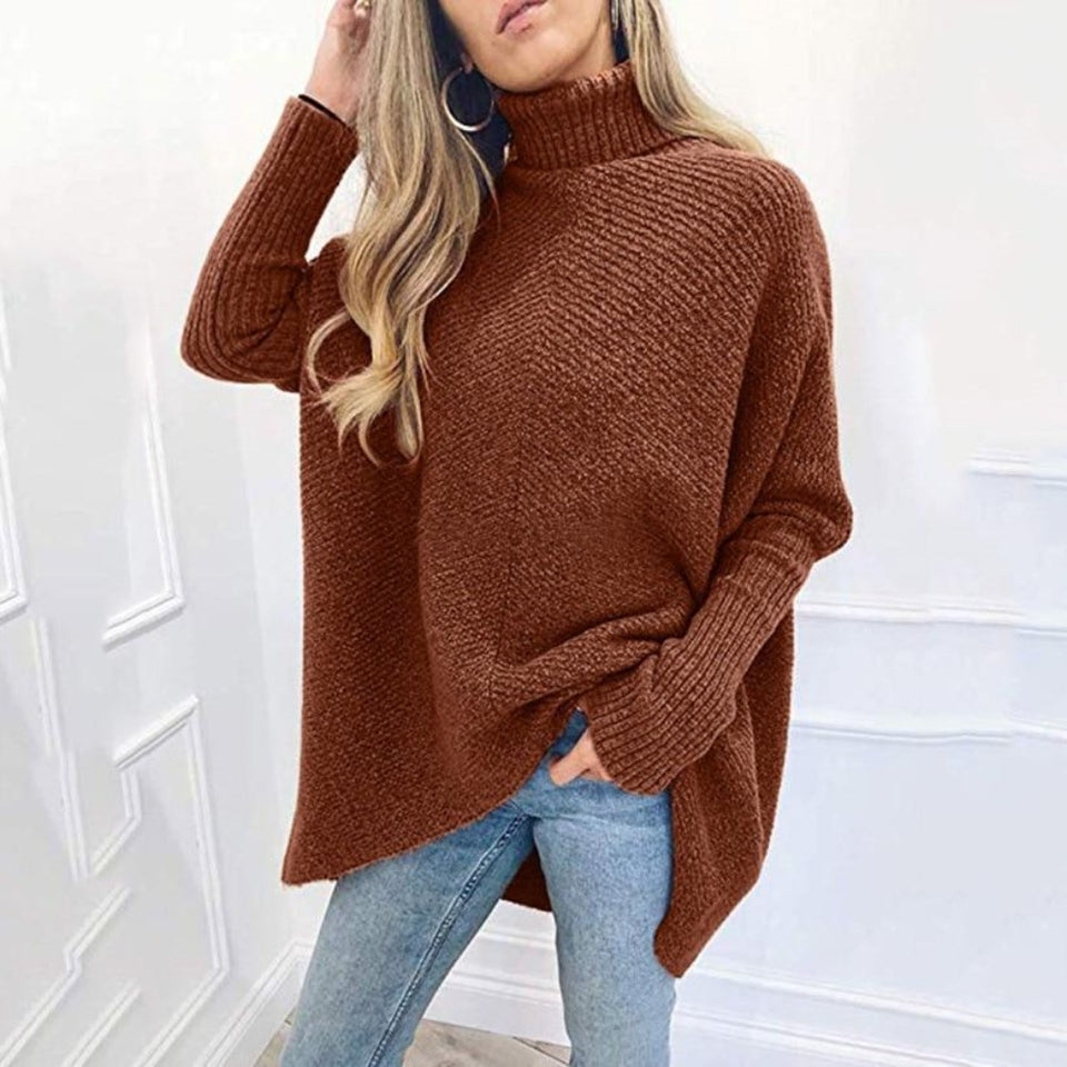 Women's Turtleneck Oversized Knitted Jumper Long Batwing Sleeve Loose Pullover Asymmetric Hem - Easy Pickins Store
