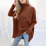 Women's Turtleneck Oversized Knitted Jumper Long Batwing Sleeve Loose Pullover Asymmetric Hem - Easy Pickins Store