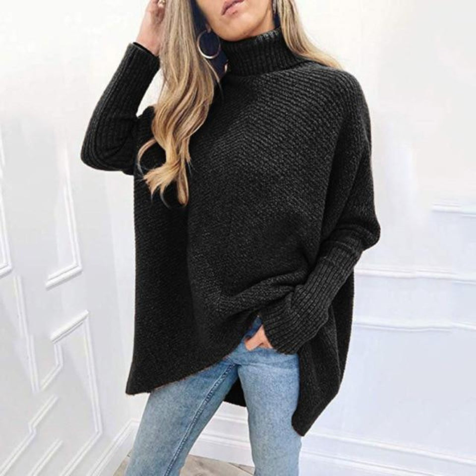 Women's Turtleneck Oversized Knitted Jumper Long Batwing Sleeve Loose Pullover Asymmetric Hem - Easy Pickins Store