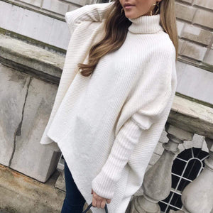 Women's Turtleneck Oversized Knitted Jumper Long Batwing Sleeve Loose Pullover Asymmetric Hem - Easy Pickins Store