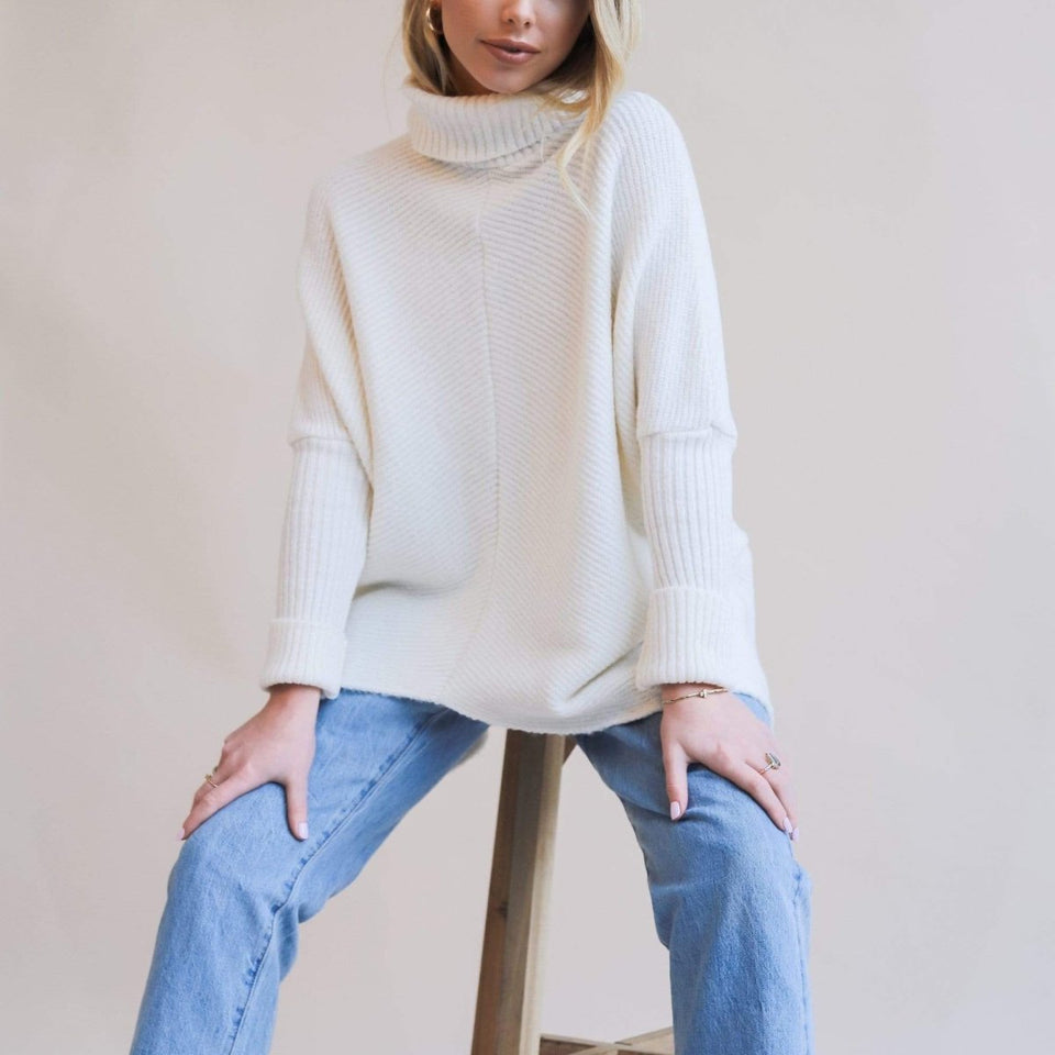 Women's Turtleneck Oversized Knitted Jumper Long Batwing Sleeve Loose Pullover Asymmetric Hem - Easy Pickins Store