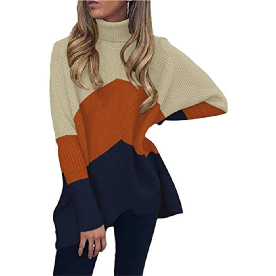 Women's Turtleneck Oversized Knitted Jumper Long Batwing Sleeve Loose Pullover Asymmetric Hem - Easy Pickins Store