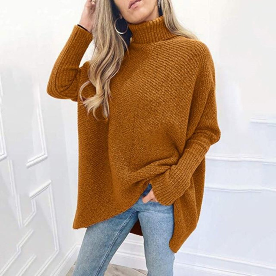 Women's Turtleneck Oversized Knitted Jumper Long Batwing Sleeve Loose Pullover Asymmetric Hem - Easy Pickins Store