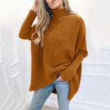 Women's Turtleneck Oversized Knitted Jumper Long Batwing Sleeve Loose Pullover Asymmetric Hem - Easy Pickins Store