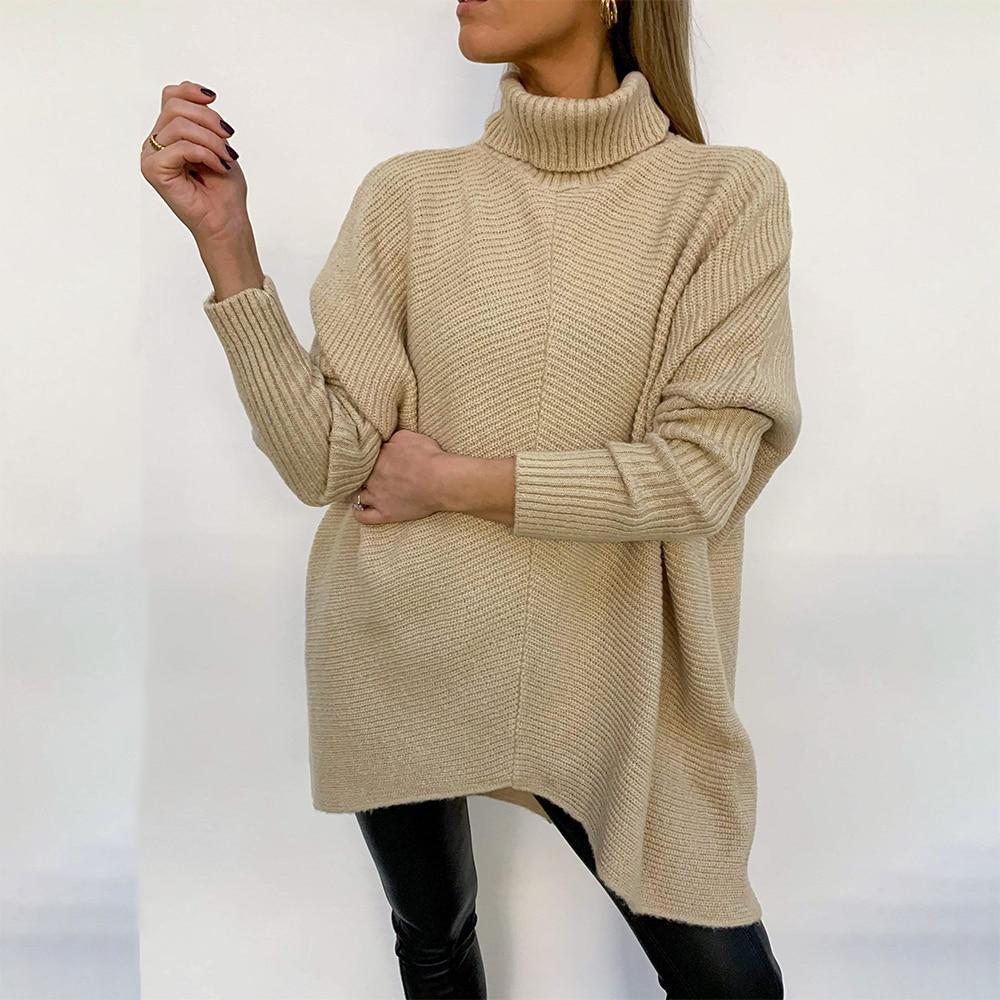 Women's Turtleneck Oversized Knitted Long Batwing Sleeve Loose Asymmetric Hem Pullover - Easy Pickins Store