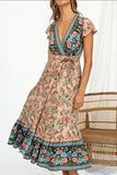 Women’s V Neck Wrap Vintage Floral Print Short Sleeve Split Belted Flowy Boho Beach Long Dress - Easy Pickins Store